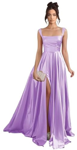 Eittvisy Women's Spaghetti Straps Satin Prom Dresses Long Ruched A Line Formal Evening Gowns with Slit Lilac