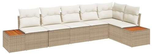 vidaXL 6-teiliges Garten-Sofaset mit Kissen in Beige aus Poly-Rattan | Modulares Outdoor-Sofa für deinen Komfort, perfekt für Terrasse und Balkon, wetterfestes Frühlings-Loungesofa