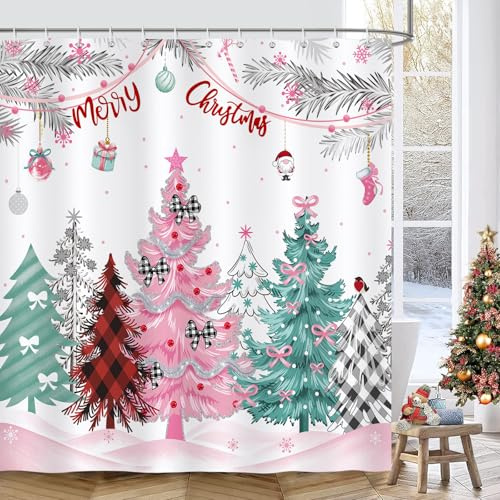 Bonhause Cortina de Ducha Árbol de Navidad Invierno Pino Copo de Nieve Búfalo Rosa Cortina de Baño de Poliéster Impermeable Antimoho Lavable Cortina Ducha 180 x 180 cm con 12 Ganchos