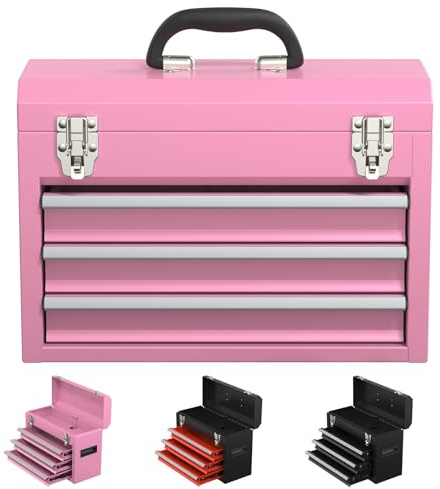 Kieperi 3 Drawers small Tool Box, Portable 3 Drawer Steel Tool Box with Locking System toolbox organization with Liner for Tools Storage (Pink)