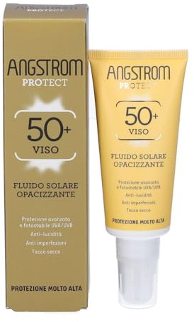 Angstrom Protect, Fluido Solare Opacizzante Viso, SPF 50+, 40 ml | Fluido Leggero, Previene la Comparsa di Brufoli, Azione Opacizzante, Protezione Molto Alta