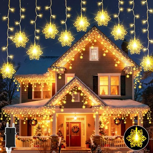 Dalugo Lichterkette Eisregen Außen, 10M 240LED Schneeflocken Lichterkette Warmweiß mit 6h Timer, 8 Modi Netzbetrieb Wasserdicht Weihnachtslichterkette für Dach, Geländer, Traufe, Veranda
