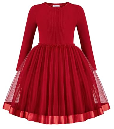 Arshiner Niñas Jersey Vestidos Tul Niños Festivos Otoño Invierno Cuello Redondo Ocio Fiesta de Manga Larga Vestido para Niñas 9-10 Años Rojo