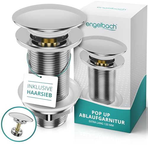 Engelbach® Bonde de lavabo Extra Longue sans trop-Plein - Bouchon clic-clac, 3 Joints Inclus - Installation Rapide, Guide vidéo Inclus - Modèle Universel - Chrome