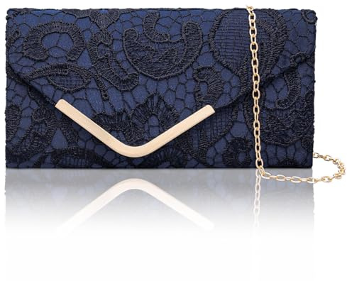 Larcenciel Pochette Donna, Pochette Blu Intenso in Pizzo e Raso con Catena Rimovibile, Elegante Clutch Borsa da Sera a Busta, Minimalista Borsa a Tracolla per Feste, Matrimoni, Prom, 22x11x5CM
