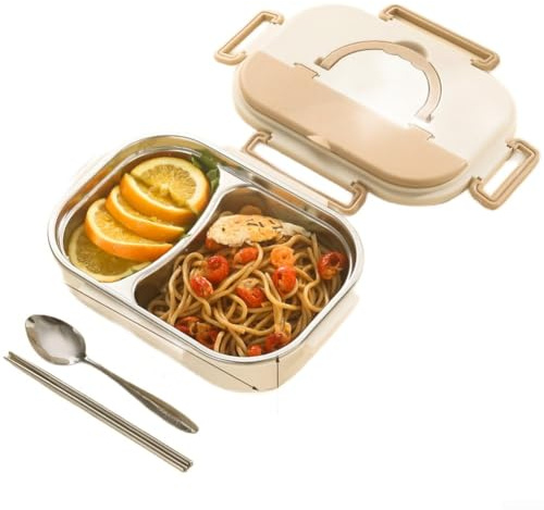 Lonchera de acero inoxidable con compartimentos separados, tapa de silicona resistente a fugas y cuchara y palillos, perfecta para empacar comidas nutritivas para gimnasio, oficina o viajes (C)