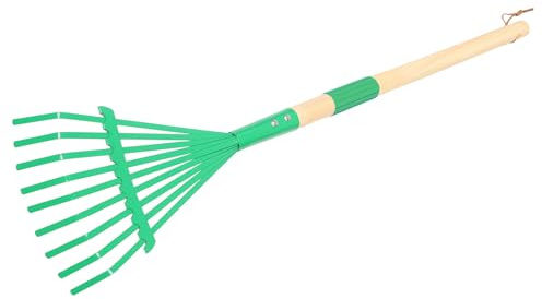 HOOTNEE Rastrillo de Jardín para Pequeño Desmontable con Mango de Madera Verde, Herramienta de Hierro Resistente para Jardinería Infantil y Juegos al Aire Libre