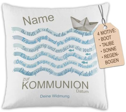 My Sweetheart Personalisierbares Kissen Kommunion - Maritimes Namenskissen mit Fische & Spruch - Erstkommunion Geschenk für Junge & Mädchen - Leinen-Optik 40x40cm