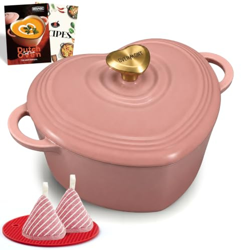 OVERMONT Cocotte a Cuore per Stufare in Ghisa Smaltata, 1,9 L, Rosa Rosato | Con coperchio e ricettario; ideale per cuocere al forno, brasare e arrostire; elegante regalo per matrimoni e feste.