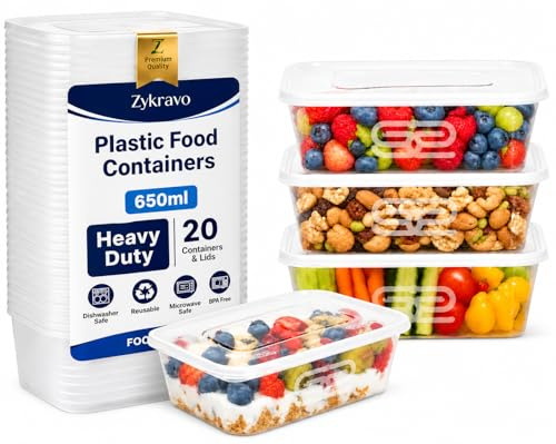 ZyKravo 650ml Plastic Food Storage Containers with Lids - 20 Pack | Airtight Leakproof Stackable Meal Prep Containers – Microwave, Freezer & Dishwasher Safe Reusable Takeaway Containers