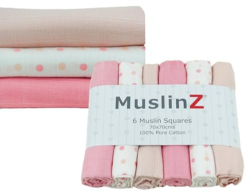 MuslinZ – 6-pack muslin fyrkanter baby rapdukar 70 x 70 cm perfekt för nyfödda, flera användningsområden, Oeko-Tex standard 100, brittiskt varumärke. (Rosa kombination, 6-pack)
