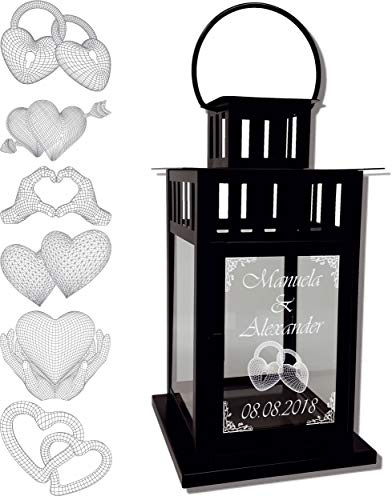 UDIG Laternen Metalllaterne in Schwarz mit weißer Gravur Verschiedene Motive zur Hochzeit 28 x 15,5 x 15,5cm, Geschenk