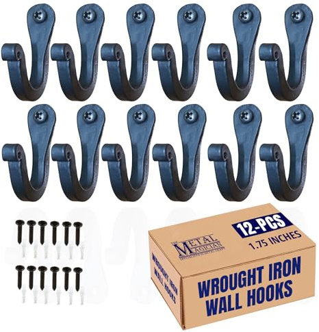 The Metal Magician Single Prong Wrought Iron Hooks, Vintage Hand Forged Iron Classic Hook Set – Rustic Curved Metal Fasteners – Decorative Colonial Wall Décor (Set of 12 Nail Hook 1)