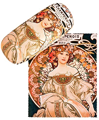 VON LILIENFELD Brillenetui Alfons Maria Mucha : F. Champenois Kunst Motiv Etui Brille Mikrofaser Brillenputztuch Brillenbox Stabiles Hardcase Set mit Stoff bezogen