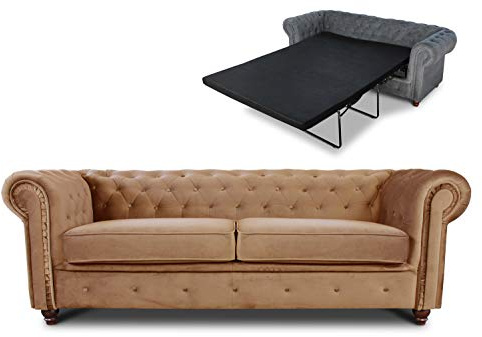 Sofnet - Schlafsofa Chesterfield Asti Bis 3-Sitzer (Beige, Velvet 28) | Bettsofa, Sofa mit Schlaffunktion, 3-Sitzer, Couch, Bettfunktion, Veloursstoff, Holzfüße, Chesterfield Stil