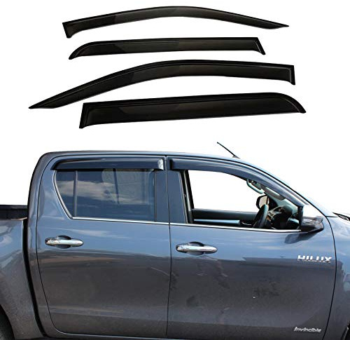 Déflecteurs Vent Toyota Hilux (2016-2026) Double Cabine Kit de 4 visières externes en PMMA Noir fumé. Anti-Pluie et Anti-reflet pour Finitions LeCap, Légende, Lounge, Invincible, GR Sport