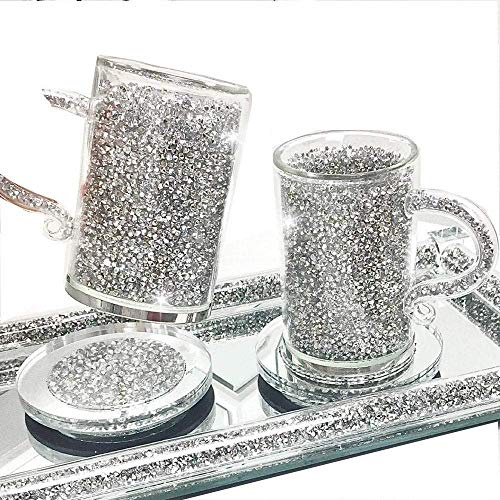 Amazing Gift Silver Crushed Diamond Crystal Filled Glass Mug Turkish Coffee Tea Cup And Saucer Set Of 2 Best Kitchen Decor