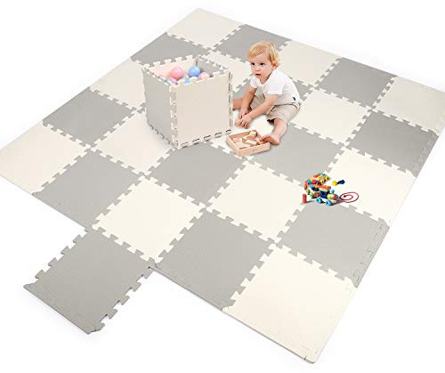 Hello-5ive Foam Play Mat for Baby Kids,31CM × 31CM Foam Mats, Soft EVA Interlocking Puzzle Play Mat Tiles, Thick Playmats & Floor Gyms Indoor Outdoor Activity Center (Grey-Cream 26PCS)