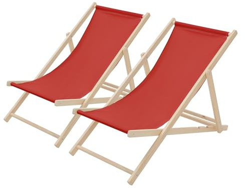 ECD Germany 2er Set Liegestuhl klappbar, Rot, aus Holz, Sonnenliege mit 3-Fach Verstellbarer Rückenlehne, Strandliege bis 120 kg, Gartenliege, Strandstuhl, Relaxliege für Garten, Balkon & Terrasse