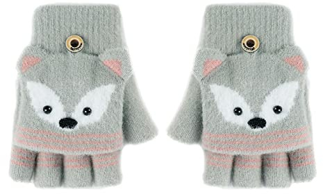 Greenery-GRE Convertible Flip Top Gloves,Winter Wool Knitted Fingerless Gloves with Mitten Cover for Toddler Kids Girls Boys 5-10 Years