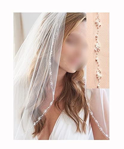 TGRTY Braut Hochzeitsschleier Weiß/Lvory 1 Stufe Fingerspitze Hochzeitsschleier Kristall & Perle Bridal Schleier mit Kamm Wunderschöner Brauttüll (Color : Ivory, Item Length : 150cm)