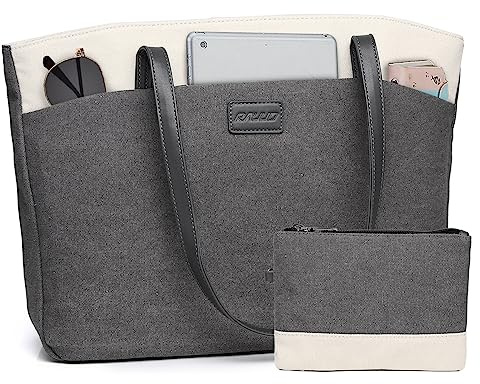RAVUO Laptoptasche Damen, Wasserdichte Arbeitstasche Elegant Lehrertasche Groß Aktentasche 15.6 zoll Laptop Bag Women 2PCS Set Grau