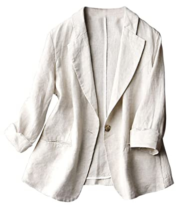 Tomwell Blazer Femme Coton Lin Élégant à Manches Longues Slim Fit Un Bouton OL Affaires Veste Chic De Costume Revers Devant Ouvert Manteau Blazer Décontracté Jacket A Beige L