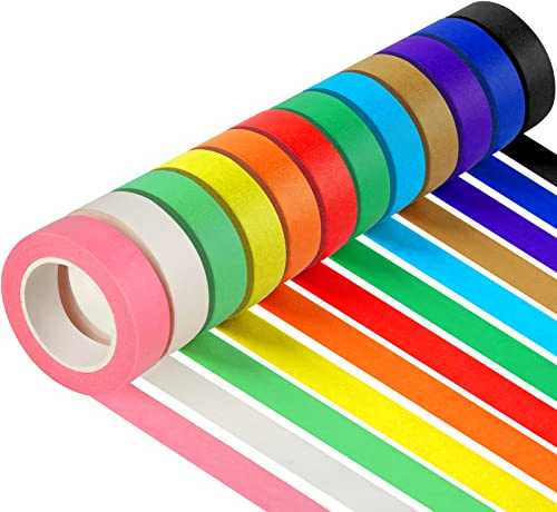 12PCS Colored Masking Tape, Kids Art Supplies Colored Tape, DIY Craft Tape, Colored Tape Rolls, Colored Painters Tape（1.7cm X 12m）
