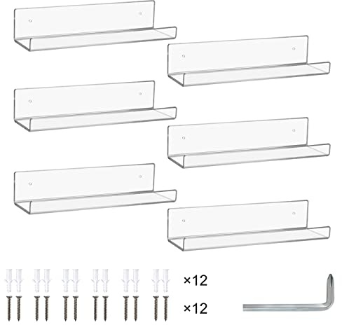 CECOLIC 6er-Pack Transparente Schwebende Regale, 38cm Acryl-Wandleiste Bücherregal Unsichtbares Wandmontiertes Kinder Bücherregal und Gewürzregal für Schlafzimmer/Wohnzimmer/Küche