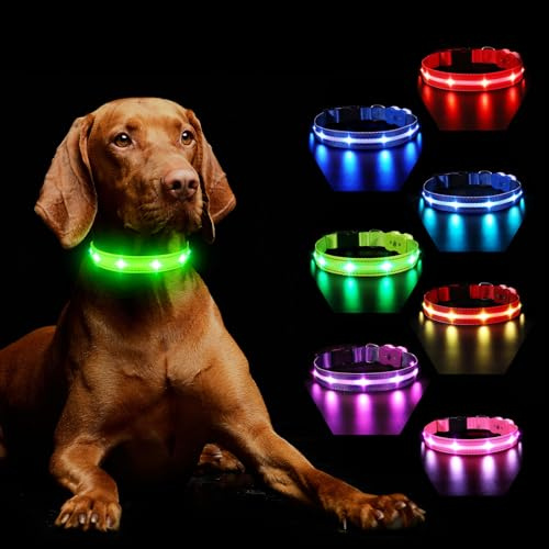 MASBRILL Hundehalsband Leuchtend Aufladbar, Hund 7 RGB Farbwechsel mit 8 Leuchtmodi, Verstellbare LED HundeHalsband Wasserdicht für Kleine Mittlere Große Hunde Leuchtendes Halsband, Grün S