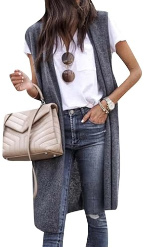 OMZIN Cardigan Estivo Senza Maniche A Tinta Unita Aperto Sul Davanti Tunica Leggera E Casual Gilet Drappeggiato Grigio Scuro L