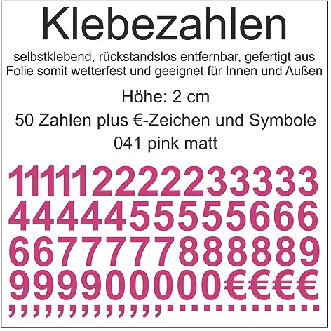 Aufkleber Sticker Klebezahlen Klebezahl Zahlen Zahl Nummern aus Folie 50 Zahlen pink matt Höhe 2 cm selbstklebend wetterfest Nummerierung Preisauszeichnung Beschriftung Modellbau verzieren
