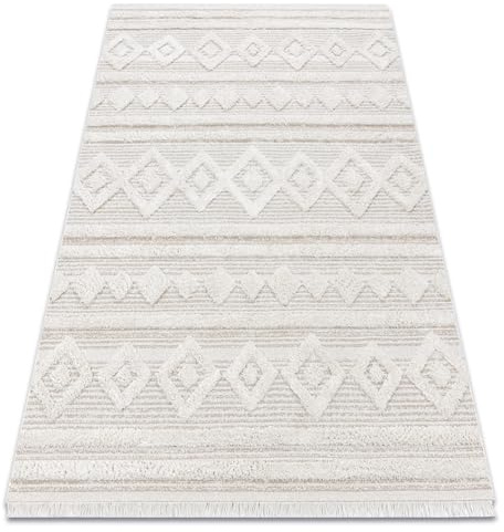 rugsx Alfombra Eco SISAL Boho Pastillas, Líneas Flecos - Dos Niveles de vellón Beige/Creme, Alfombra reciclada 117x170 cm
