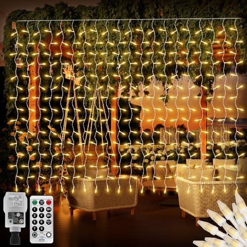CERIAL 4X2M Lichtvorhang Weihnachten Inner Außen mit Stecker,300LED Lichterkette Vorhang Fenster Diamant Eisregen Lichterkettes mit Fernbedienung Wasserdicht für Urlaub Hochzeit Christmas,Warmweiß