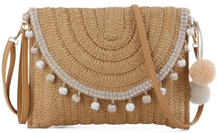 EVEOUT Pochette in Paglia Donne Estiva Clutch con Catena Borse a tracolla Paglia Intrecciata per Festa Matrimonio Spiaggia Vacanze