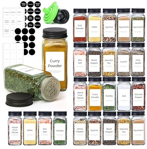 ComSaf 24Pcs 120ml Glass Spice Jars with Shaker Lids and Labels, a Handy Funnel, a Pepper Grinder, Empty Spice Containers and Square Spice Bottles for Kitchen and Seasoning