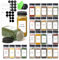 ComSaf - Tarros para especias (118 ml, 24 unidades, con tapas de coctelera, 93 etiquetas, embudo práctico, molinillo de pimienta, recipientes de especias vacíos y botellas de especias cuadradas