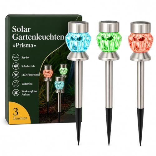 MIJOMA Solar Gartenleuchten „Prisma“ – 3er-Set, LED-Farbwechsel, wetterfest, Edelstahl, mit Solarzelle, dekorative Außenbeleuchtung für Garten & Terrasse