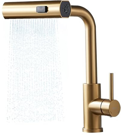 BELZ Kitchen Mixer Tap with Pull Out Spray– 360° Swivel, Pull Down Kitchen Sink Mixer Taps, Stainless Steel 3 Modes Spray Head, Gold