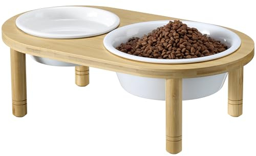 Navaris Futterstation Hund erhöht - 350 & 650 ml - Hundenapf Keramik in Bambusständer - Hundenapf erhöht für Wasser und Futter - Mikrowellen- und Spülmaschinenfest