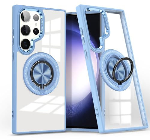 Kainevy for Samsung S25 Ultra Case Clear Magnetic with Metal Stand Ring Holder for MagSafe Phone Cover for Samsung Galaxy S25 Ultra Case Thin Hard Military Grade Shockproof Protective (Light Blue)