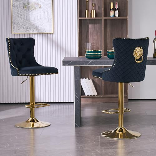KHISCHMO Moderne Samt Barhocker 2er Set, Höhenverstellbar, 360° drehbar, Tresenhocker mit Lehne, Löwenkopf-Design, Barstuhl für Küche und Theke, Schwarz/Gold