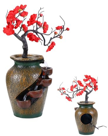 Bollisate Fontaine d'intérieur cascade à 4 niveaux avec flux d'eau et arbre artificiel – Décoration de bureau fluide, décoration d'intérieur relaxante zen