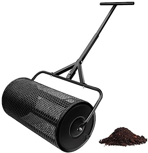 Spandiconcime per compost Spandiconcime per torba, spandiconcime da 24 pollici in rete metallica con maniglia regolabile a forma di T per piantare seminare, spandiconcime per la cura del prato Rullo