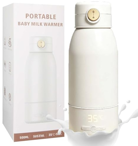 Scaldabiberon Portatile 500ml – Riscaldamento Rapido, Termos Biberon 24h, Temperatura Regolabile 35-55 °C, Funzione Pastorizzazione 65 °C, Batteria 10000 mAh USB-C, Perfetto per Viaggi e Notte