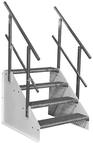 SRM Design 4 Stufen Standtreppe Stahltreppe Wangentreppe Gitterrosttreppe Außentreppe Industrietreppe freistehend Breite 100cm Höhe 84cm weiß 2X Geländer