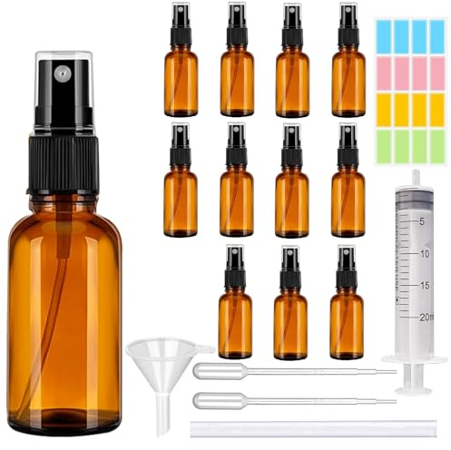CafullCon Amber Glass Spray Bottle, 12pcs 30ml Refillable Empty Brown Spray Bottles Glass with Funnel Dropper & Sticker, Fine Mist Spray Bottle for Perfume Cleaning Aromatherapy Cosmetic Travel Sprays