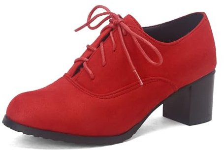 SHEMEE Women's Block Heels Oxfords Lace Up Brogues Faux Suede Chunky Heel Oxford Pumps Retro Victorian Laced Oxford Brogue Derby Shoes Red,Size 7