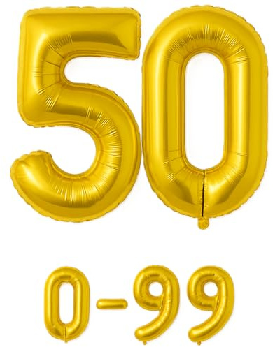Folienballon Zahlen Nummern in gold, 80 cm großer Ballon mit Luftröhrchen, Perfekt für Geburtstag, Jubiläum, Party & Events, auch mit Helium nutzbar, Zahlenballons Deko (50)