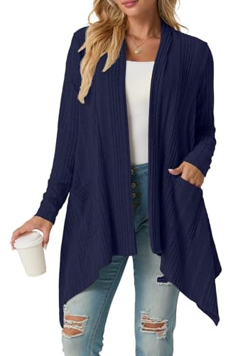 GRECERELLE Womens Cardigans Ribbed Knit Long Sleeve Lightweight Fall Winter Casual Shawl Collar Irregular Hem Cardigan for Ladies with Pockets